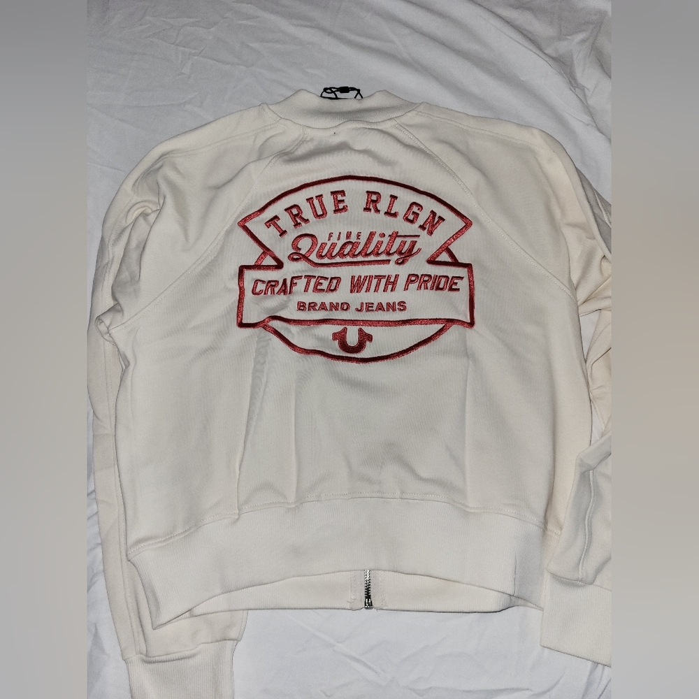 True Religion Cream Bomber Jacket with Red Accents - Picture 2 of 3